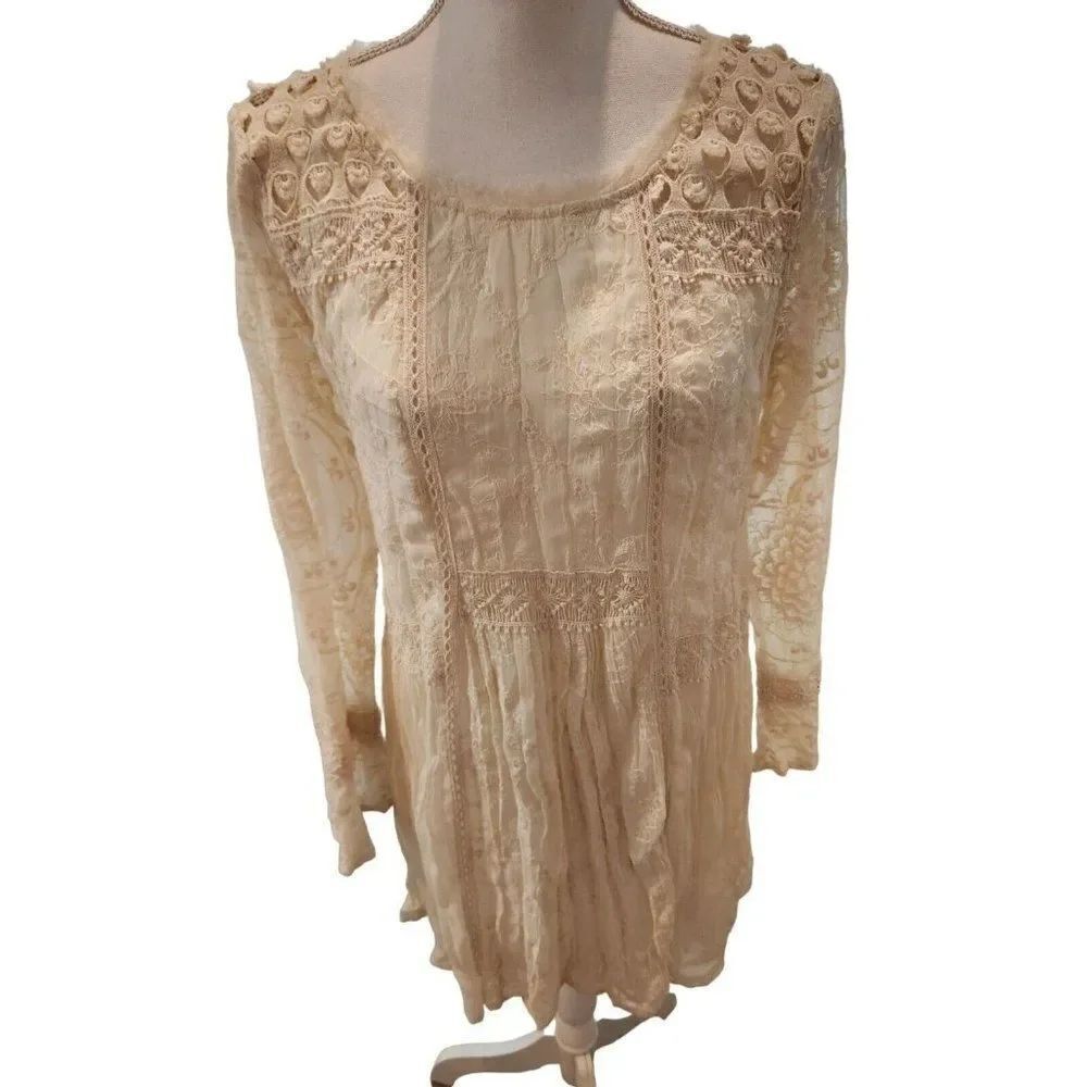 Vintage Y2K V Cristina Ivory Lace Long Sleeve Top Blouse S Boho Romantic